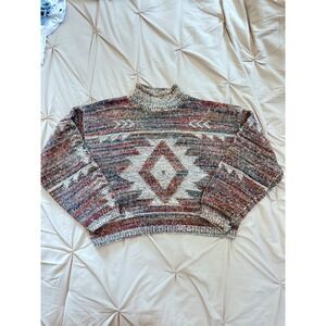 Vintage Mixed Blues Cropped Southwest Sweater Mock Neck Multi Color Geometric